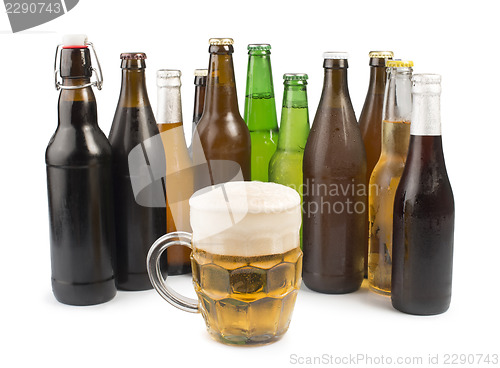 Image of Bottles of beer and beer mug. 