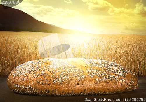 Image of Bread and wheat cereal crops at sunset