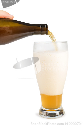 Image of Hand holding bottle of beer and beer mug