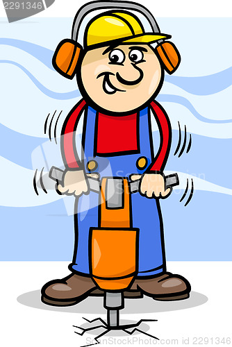 Image of worker with pneumatic hammer cartoon