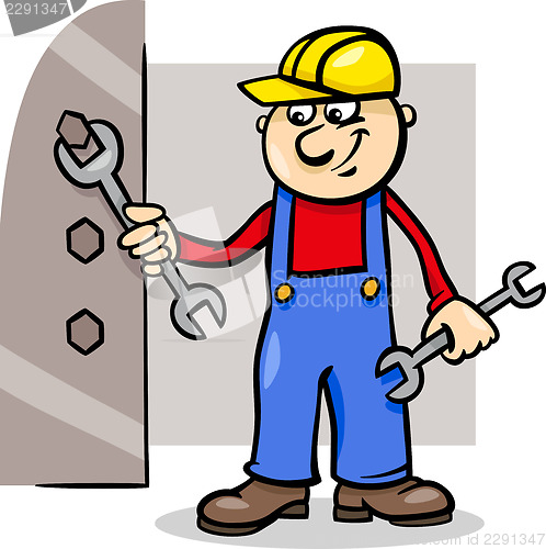 Image of worker with wrench cartoon illustration