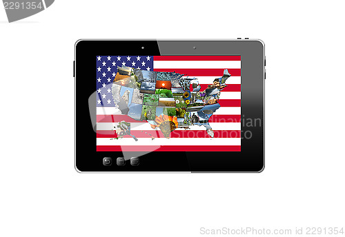 Image of black tablet and colorful map of USA