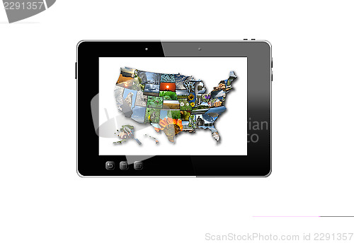 Image of black tablet and colorful map of USA