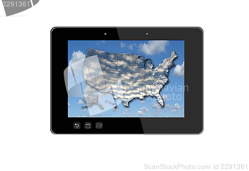 Image of black tablet and colorful map of USA