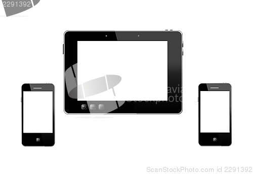 Image of tablet and two modern mobile phones