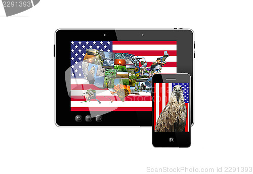 Image of tablet and modern mobile phone with symbols of USA