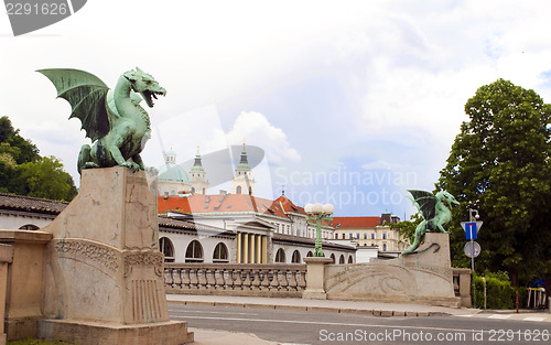 Image of Dragon Bridge view  Cathedral Saint Nicholas on Ljubljanica Rive