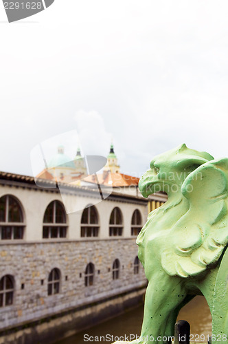 Image of Dragon Bridge view  Cathedral Saint Nicholas on Ljubljanica Rive