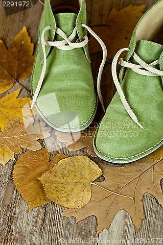 Image of pair of green leather boots and yellow leaves 