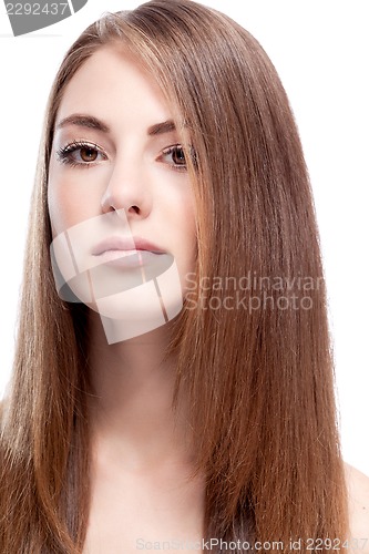 Image of beautiful bruntte woman with straight long hair isolated