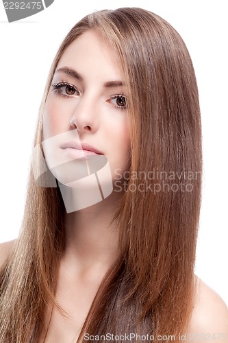 Image of beautiful bruntte woman with straight long hair isolated