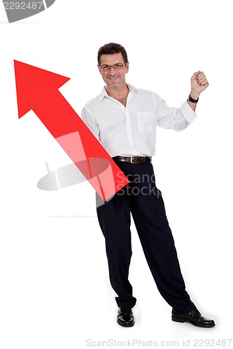 Image of adult smiling businessman red signboard pointing isolated