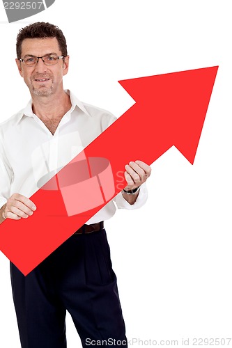 Image of adult smiling businessman red signboard pointing isolated