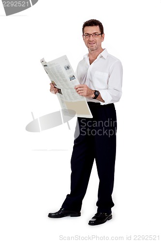 Image of attractive adult businessman reading newspaper isolated