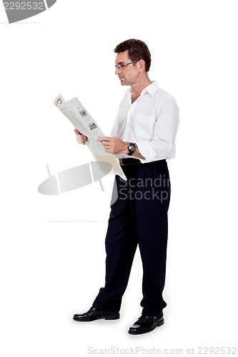 Image of attractive adult businessman reading newspaper isolated