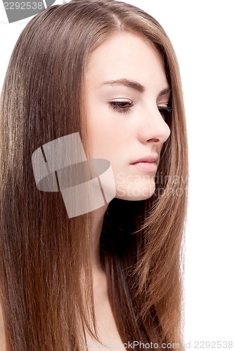 Image of beautiful bruntte woman with straight long hair isolated