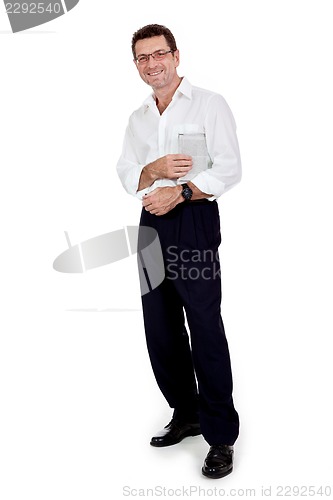 Image of attractive adult businessman reading newspaper isolated