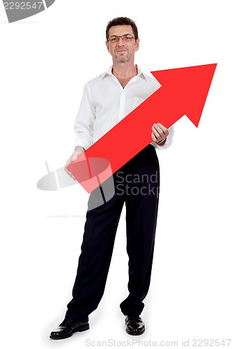 Image of adult smiling businessman red signboard pointing isolated