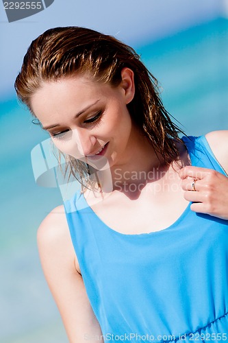 Image of beautful happy woman on the beach lifestyle summertime
