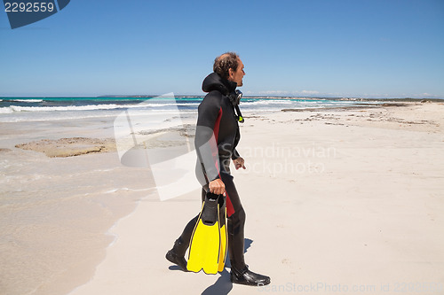 Image of male diver with diving suit snorkel mask fins on the beach