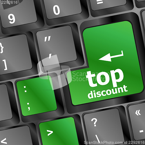 Image of top discount word key or keyboard, discount concept