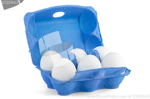 Image of Box with six white eggs