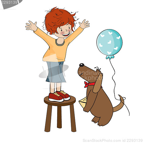 Image of Funny boy celebrates his birthday with dog