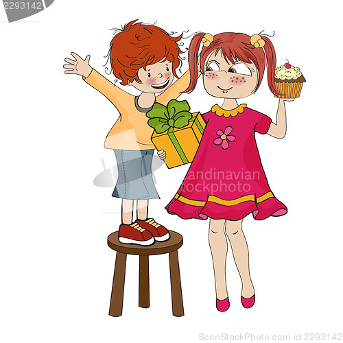 Image of little boy with a funny little girl celebrates his birthday