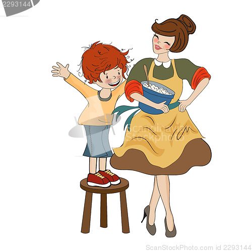 Image of funny boy and his mother isolated on white backdround