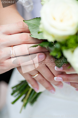 Image of Hands with rings of a wedding couple 