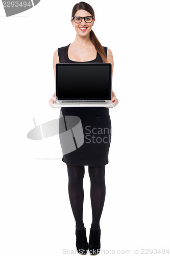 Image of Saleswoman presenting brand new laptop