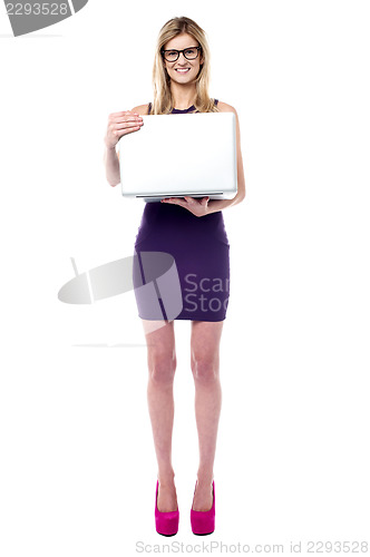 Image of Attractive sales girl holding laptop