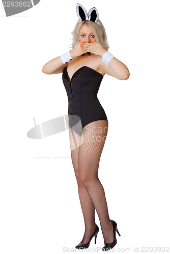Image of Beautiful young girl in a bunny suit coyly covers her mouth