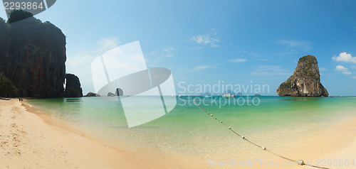 Image of Panorama of tropical beach with rocks. Thailand, Krabi, Railay