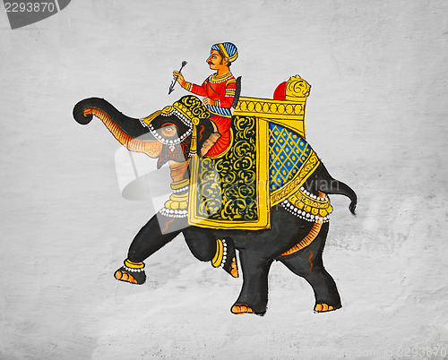 Image of Traditional mural - image of maharaja of riding on an elephant. 
