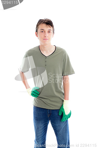 Image of Young gardener with gloves