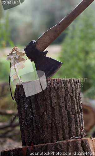 Image of Axe in oak stump