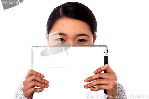 Image of Shy corporate lady hiding her face