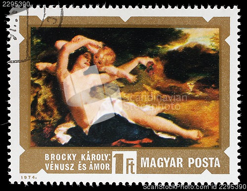 Image of Stamp printed in HUNGARY shows Venus and Amor by Karoly Lotz