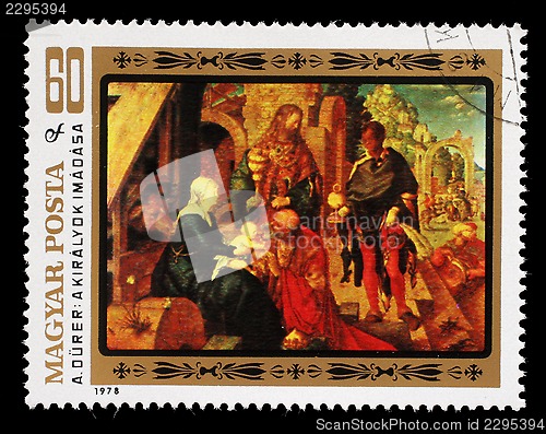 Image of Stamp printed in Hungary, shows a picture of artist Albrecht Durer "Adoration of the Magi"