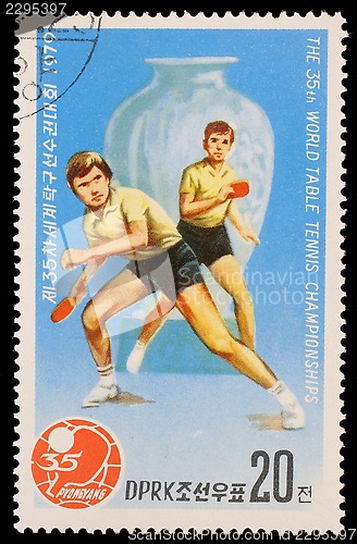 Image of Stamp printed by North Korea shows ping-pong players