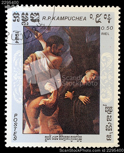 Image of Stamp printed in Kampuchea (Cambodia) shows a painting