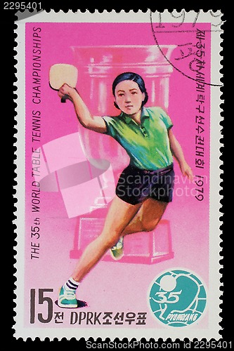 Image of Stamp printed by North Korea shows ping-pong players