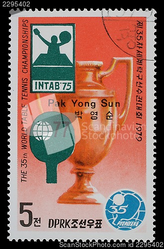 Image of Stamp printed by North Korea shows World table tenis championship in Pyongyang