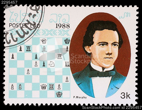 Image of Stamp printed in Laos, shows P.Murphy, Chess Champion