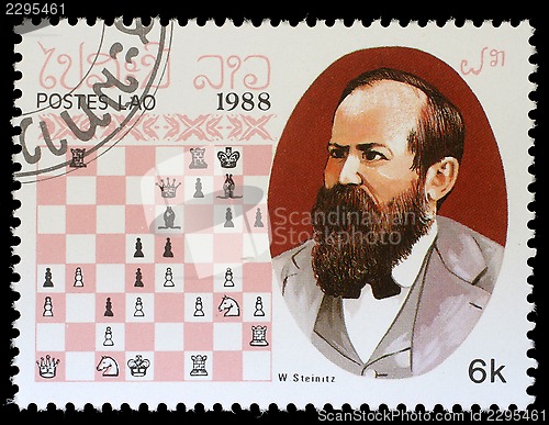 Image of Stamp printed in Laos, shows W. Steinitz, Chess Champion