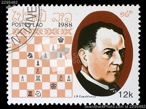 Image of Stamp printed in Laos, shows J.R.Capablanca, Chess Champion