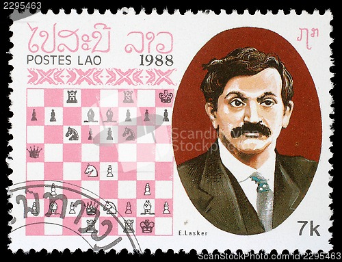 Image of Stamp printed in Laos, shows E. Lasker, Chess Champion
