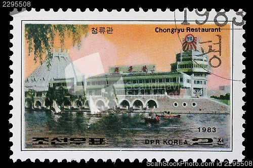 Image of Stamp printed in Korea shows Chongryu Restaurant in Pyongyang