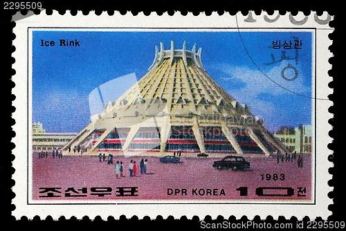 Image of Stamp printed in Korea shows Pyongyang Ice Rink